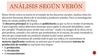 ANÁLISIS SEGÚN VERÓN
Eliseo Verón centra su teoría en el estudio de los discursos sociales. Analiza cómo los
discursos funcionan dentro de la sociedad y producen sentidos. Para su investigación
toma en cuenta análisis de Peirce.
El discurso principal de la gráfica es publicitario ya que su fin es vender el producto.
Y para lograrlo utiliza diferentes mensajes para captar la atención del público, como
por ejemplo "Prepárate para recibir mas caricias" unido a la imagen de la chica con la
piel perfecta, sumado a los colores que predominan en la escena, da como resultado la
idea de que comprando ese producto tendrás la piel suave, perfecta.
En la sociedad investimos de sentido todo lo que nos rodea y lo convertimos en
materia significante mediante un proceso que el autor denominó sistema de
producción de sentido la cual tiene tres etapas:
• la producción,
• la circulación
• el reconocimiento
 