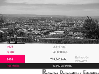1624                   2,119 hab.
S. XX                  40,000 hab.
                                          Estimación
2008                 715,840 hab.
                                          CONAPO
Tres Marías           10,000 viviendas.

              R     z
                  eferentes   Demográficos y Estadísticos
 