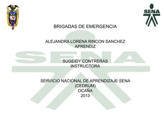BRIGADAS DE EMERGENCIA
ALEJANDRA LORENA RINCON SANCHEZ
APRENDIZ
SUGEIDY CONTRERAS
INSTRUCTORA
SERVICIO NACIONAL DE APRENDIZAJE SENA
(CEDRUM)
OCAÑA
2013
 