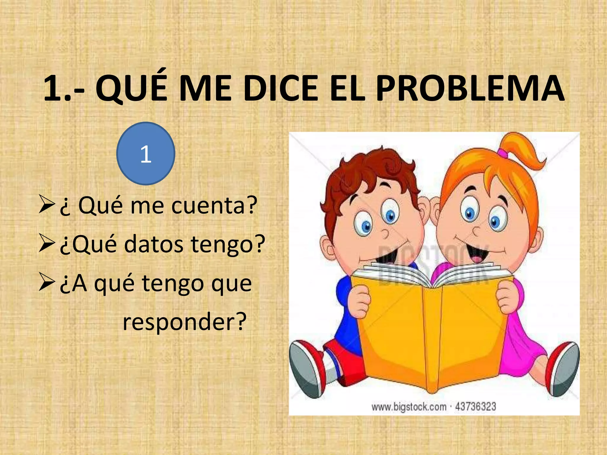 1.- QUÉ ME DICE EL PROBLEMA
¿ Qué me cuenta?
¿Qué datos tengo?
¿A qué tengo que
responder?
1