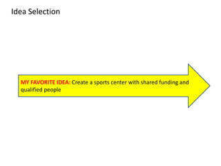 MY FAVORITE IDEA: Create a sports center with shared funding and
qualified people
Idea Selection
 
