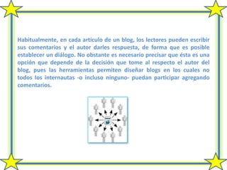 Habitualmente, en cada artículo de un blog, los lectores pueden escribir sus comentarios y el autor darles respuesta, de forma que es posible establecer un diálogo. No obstante es necesario precisar que ésta es una opción que depende de la decisión que tome al respecto el autor del blog, pues las herramientas permiten diseñar blogs en los cuales no todos los internautas -o incluso ninguno- puedan participar agregando comentarios. 