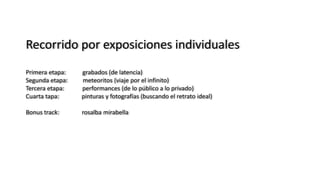 Recorrido por exposiciones individuales
Primera etapa: grabados (de latencia)
Segunda etapa: meteoritos (viaje por el infinito)
Tercera etapa: performances (de lo público a lo privado)
Cuarta tapa: pinturas y fotografías (buscando el retrato ideal)
Bonus track: rosalba mirabella
 