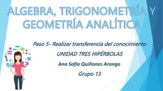 Paso 5- Realizar transferencia del conocimiento
UNIDAD TRES HIPÉRBOLAS
Ana Sofía Quiñones Arango
Grupo 13
 