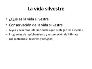 La vida silvestre
• ¿Qué es la vida silvestre
• Conservación de la vida silvestre
– Leyes y acuerdos interancionales que protegen las especies.
– Programas de replobamiento y restauración de hábitats
– Los santuarios ( reservas y refugios)
 