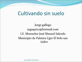 Cultivando sin suelo ,[object Object],[object Object],[object Object],[object Object],Ing. JORGE GALLEGO Q. 