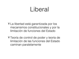 Liberal La libertad está garantizada por los mecanismos constitucionales y por la  limitación de funciones del Estado Teoría de control de poder y teoría de limitación de las funciones del Estado caminan paralelamente 