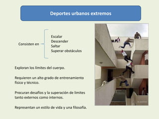 Deportes urbanos extremos



                       Escalar
                       Descender
  Consisten en
                       Saltar
                       Superar obstáculos



Exploran los límites del cuerpo.

Requieren un alto grado de entrenamiento
físico y técnico.

Procuran desafíos y la superación de limites
tanto externos como internos.

Representan un estilo de vida y una filosofía.
 