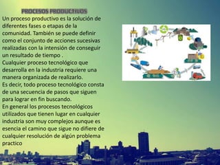 Un proceso productivo es la solución de
diferentes fases o etapas de la
comunidad. También se puede definir
como el conjunto de acciones sucesivas
realizadas con la intensión de conseguir
un resultado de tiempo .
Cualquier proceso tecnológico que
desarrolla en la industria requiere una
manera organizada de realizarlo.
Es decir, todo proceso tecnológico consta
de una secuencia de pasos que siguen
para lograr en fin buscando.
En general los procesos tecnológicos
utilizados que tienen lugar en cualquier
industria son muy complejos aunque es
esencia el camino que sigue no difiere de
cualquier resolución de algún problema
practico

 