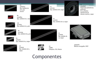 Componentes 
2x 
4263624 
Eje, módulo de 
5½, gris 
oscuro 
8x 
4142865 
Eje, módulo de 2, rojo 
14x 
4211815 
Eje, módulo de 3, gris 
8x 
4211639 
Eje, módulo de 5, gris 
6x 
370526 
Eje, módulo de 4, negro 
4x 
370626 
Eje, módulo de 6, 
negro 
2x 
370726 
Eje, módulo de 8, negro 
2x 
373726 
Eje, módulo de 10, negro 
2x 
370826 
Eje, módulo de 
12, negro 
3x 
74880 
Lámpara, 1X2, blanca 
1x 
4235858 
Engranaje/plataforma 
giratoria, 
de 24 dientes 
interior/de 56 
dientes exterior, negro 
4494062 
Batería recargable, NXT 
 