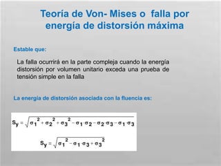Teoría de Von- Mises o falla por
energía de distorsión máxima
Estable que:
La falla ocurrirá en la parte compleja cuando la energía
distorsión por volumen unitario exceda una prueba de
tensión simple en la falla
La energía de distorsión asociada con la fluencia es:
 