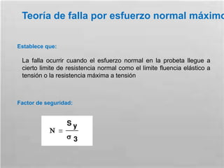 Teoría de falla por esfuerzo normal máximo
Establece que:
La falla ocurrir cuando el esfuerzo normal en la probeta llegue a
cierto limite de resistencia normal como el limite fluencia elástico a
tensión o la resistencia máxima a tensión
Factor de seguridad:
 
