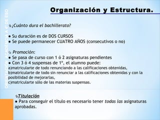 Organización y Estructura.
ORIENTACIÓNACADÉMCIAA4ºDEESO
⇘ ¿Cuánto dura el bachillerato?
● Su duración es de DOS CURSOS
● Se puede permanecer CUATRO AÑOS (consecutivos o no)
⇘ Promoción:
● Se pasa de curso con 1 ó 2 asignaturas pendientes
● Con 3 ó 4 suspensas de 1º, el alumno puede:
a)matricularte de todo renunciando a las calificaciones obtenidas,
b)matricularte de todo sin renunciar a las calificaciones obtenidas y con la
posibilidad de mejorarlas,
c)matricularte sólo de las materias suspensas.
⇘Titulación
● Para conseguir el título es necesario tener todas las asignaturas
aprobadas.
 