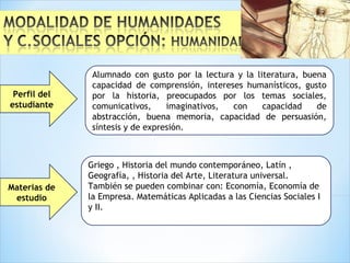 Materias de
estudio
Alumnado con gusto por la lectura y la literatura, buena
capacidad de comprensión, intereses humanísticos, gusto
por la historia, preocupados por los temas sociales,
comunicativos, imaginativos, con capacidad de
abstracción, buena memoria, capacidad de persuasión,
síntesis y de expresión.
Perfil del
estudiante
Griego , Historia del mundo contemporáneo, Latín ,
Geografía, , Historia del Arte, Literatura universal.
También se pueden combinar con: Economía, Economía de
la Empresa. Matemáticas Aplicadas a las Ciencias Sociales I
y II.
 