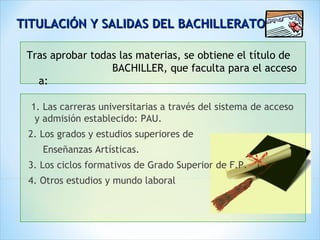 TITULACIÓN Y SALIDAS DEL BACHILLERATOTITULACIÓN Y SALIDAS DEL BACHILLERATO
1. Las carreras universitarias a través del sistema de acceso
y admisión establecido: PAU.
2. Los grados y estudios superiores de
Enseñanzas Artísticas.
3. Los ciclos formativos de Grado Superior de F.P.
4. Otros estudios y mundo laboral
Tras aprobar todas las materias, se obtiene el título de
BACHILLER, que faculta para el acceso
a:
 