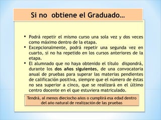  Podrá repetir el mismo curso una sola vez y dos veces
como máximo dentro de la etapa.
 Excepcionalmente, podrá repetir una segunda vez en
cuarto, si no ha repetido en los cursos anteriores de la
etapa.
 El alumnado que no haya obtenido el título dispondrá,
durante los dos años siguientes, de una convocatoria
anual de pruebas para superar las materias pendientes
de calificación positiva, siempre que el número de éstas
no sea superior a cinco, que se realizará en el último
centro docente en el que estuviera matriculado.
.
 Podrá repetir el mismo curso una sola vez y dos veces
como máximo dentro de la etapa.
 Excepcionalmente, podrá repetir una segunda vez en
cuarto, si no ha repetido en los cursos anteriores de la
etapa.
 El alumnado que no haya obtenido el título dispondrá,
durante los dos años siguientes, de una convocatoria
anual de pruebas para superar las materias pendientes
de calificación positiva, siempre que el número de éstas
no sea superior a cinco, que se realizará en el último
centro docente en el que estuviera matriculado.
.
Si no obtiene el Graduado…Si no obtiene el Graduado…
 