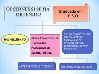 Ciclos Formativos de
Formación
Profesional de
GRADO MEDIO
CICLOS FORMATIVOS DE
GRADO MEDIO DE
ENSEÑANZAS DE
RÉGIMEN ESPECIAL
(CON PRUEBA ACCESO
ESPECÍFICA)
ARTES PLÁSTICAS Y DISEÑO ENSEÑANZAS DEPORTIVAS
Graduado en
E.S.O.
Graduado en
E.S.O.
BACHILLERATO
 