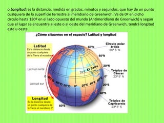o Longitud: es la distancia, medida en grados, minutos y segundos, que hay de un punto
cualquiera de la superficie terrestre al meridiano de Greenwich. Va de 0º en dicho
círculo hasta 180º en el lado opuesto del mundo (Antimeridiano de Greenwich) y según
que el lugar se encuentre al este o al oeste del meridiano de Greenwich, tendrá longitud
este u oeste.
 