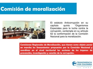 Comisión de moralización

                                  El estatuto Anticorrupción en su
                                  capítulo     quinto     “Organismos
                                  Especiales para la lucha contra la
                                  corrupción, contempla en su artículo
                                  62 la conformación de la Comisión
                                  Nacional para la moralización.


       Comisiones Regionales de Moralización, que tienen como objeto poner
       en marcha los lineamientos propuestos por la Comisión Nacional y
       coordinar en el nivel territorial las acciones de los órganos de
       prevención, investigación y sanción de la corrupción.
 