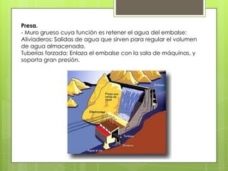 Presa.
- Muro grueso cuya función es retener el agua del embalse:
Aliviaderos: Salidas de agua que sirven para regular el volumen
de agua almacenada.
Tuberías forzada: Enlaza el embalse con la sala de máquinas, y
soporta gran presión.
 