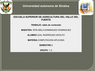 Universidad autónoma de Sinaloa


ESCUELA SUPERIOR DE AGRICULTURA DEL VALLE DEL
                   FUERTE

            TRABAJO: tabla de contenido

     MAESTRA: RITA ISELA DOMINGUEZ DOMINGUEZ

         ALUMNO:LEAL RODRÍGUEZ ADOLFO

          MATERIA:COMPUTACION APLICADA

                   SEMESTRE:2

                    GRUPO: 1-2
 