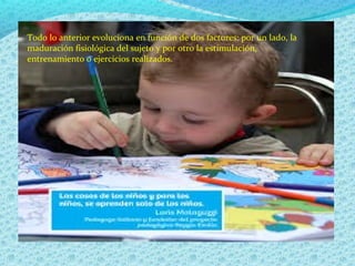 Todo lo anterior evoluciona en función de dos factores: por un lado, la
maduración fisiológica del sujeto y por otro la estimulación,
entrenamiento o ejercicios realizados.
 