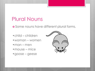 Plural Nouns
 Some nouns have different plural forms.
•child – children
•woman – women
•man – men
•mouse – mice
•goose – geese
 