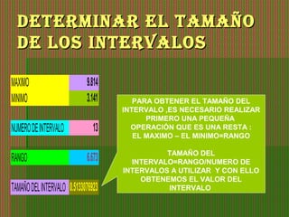 DETERMINAR EL TAMAÑODETERMINAR EL TAMAÑO
DE LOS INTERVALOSDE LOS INTERVALOS
MAXIMO 9.814
MINIMO 3.141
NUMERODEINTERVALO 13
RANGO 6.673
TAMAÑODELINTERVALO 0.5133076923
PARA OBTENER EL TAMAÑO DEL
INTERVALO ,ES NECESARIO REALIZAR
PRIMERO UNA PEQUEÑA
OPERACIÓN QUE ES UNA RESTA :
EL MAXIMO – EL MINIMO=RANGO
TAMAÑO DEL
INTERVALO=RANGO/NUMERO DE
INTERVALOS A UTILIZAR Y CON ELLO
OBTENEMOS EL VALOR DEL
INTERVALO
 
