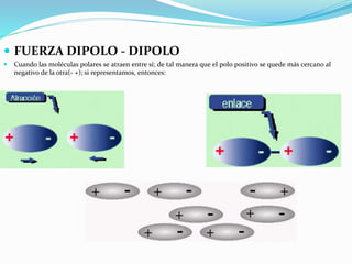  FUERZA DIPOLO - DIPOLO
 Cuando las moléculas polares se atraen entre sí; de tal manera que el polo positivo se quede más cercano al
negativo de la otra(- +); si representamos, entonces:
 