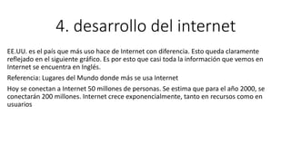 4. desarrollo del internet
EE.UU. es el país que más uso hace de Internet con diferencia. Esto queda claramente
reflejado en el siguiente gráfico. Es por esto que casi toda la información que vemos en
Internet se encuentra en Inglés.
Referencia: Lugares del Mundo donde más se usa Internet
Hoy se conectan a Internet 50 millones de personas. Se estima que para el año 2000, se
conectarán 200 millones. Internet crece exponencialmente, tanto en recursos como en
usuarios
 