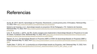 Referencias
Acuña, M. (2017, April 9). Aprendizaje por Proyectos: Resolviendo y construyendo juntos. EVirtualplus. Retrieved May
15, 2022, from https://www.evirtualplus.com/aprendizaje-por-proyectos/
Gobierno de Canarias. (n.d.). Aprendizaje basado en proyectos | Kit de Pedagogía y TIC. Gobierno de Canarias.
Retrieved May 15, 2022, from https://www3.gobiernodecanarias.org/medusa/ecoescuela/pedagotic/aprendizaje-basado-
proyectos/
Lenz, R., & Larmer, J. (2016, July 06). Cuatro consejos para implementar el Aprendizaje Basado en Proyectos en la sala
de clases. Fundación Chile. Retrieved May 15, 2022, from https://fch.cl/noticianoticia-destacadanoticia-antigua/cuatro-
consejos-implementar-aprendizaje-basado-proyectos-la-sala-clases/
Reeves, N. (n.d.). De Aprendizaje Basado en Proyectos (ABP) a STEM. De Aprendizaje Basado en Proyectos (ABP) a
STEM. Retrieved May 15, 2022, from https://blog.pearsonlatam.com/en-el-aula/de-aprendizaje-basado-en-proyectos-a-
stem
Trujillo Sáez, F. (2013). III1. La evaluación en el Aprendizaje basado en Proyectos. intef. Retrieved May 15, 2022, from
https://formacion.intef.es/pluginfile.php/37233/mod_resource/content/1/PDF/5_AbP_bloq3_u1.pdf
 