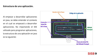 Estructura de una aplicación.
Al empezar a desarrollar aplicaciones
en Java, se debe entender el contexto
en el cual se empezará a desarrollar
aplicaciones. No importando el IDE
utilizado para programar aplicaciones,
la estructura de una aplicación en Java
es la siguiente:
 