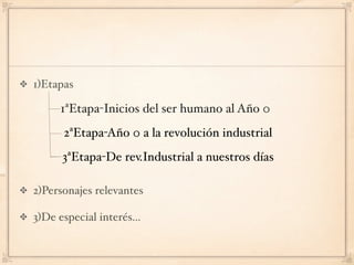 1)Etapas

      1ªEtapa-Inicios del ser humano al Año 0
      2ªEtapa-Año 0 a la revolución industrial
      3ªEtapa-De rev.Industrial a nuestros días

2)Personajes relevantes

3)De especial interés...
 
