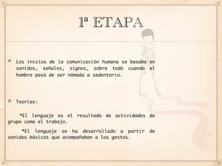 1ª ETAPA

  Los inicios de la comunicación humana se basaba en
  sonidos, señales, signos, sobre todo cuando el
  hombre pasó de ser nómada a sedentario.




  Teorías:


    *El lenguaje es el resultado de actividades de
grupo como el trabajo.

     *El lenguaje se ha desarrollado a partir     de
sonidos básicos que acompañaban a los gestos.
 