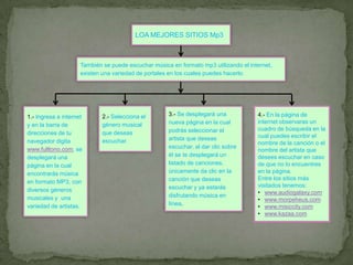 LOA MEJORES SITIOS Mp3



                     También se puede escuchar música en formato mp3 utilizando el internet,
                     existen una variedad de portales en los cuales puedes hacerlo.




1.- Ingresa a internet       2.- Selecciona el       3.- Se desplegará una            4.- En la página de
                                                     nueva página en la cual          internet observaras un
y en la barra de             género musical
                                                     podrás seleccionar el            cuadro de búsqueda en la
direcciones de tu            que deseas
                                                     artista que deseas               cual puedes escribir el
navegador digita             escuchar.                                                nombre de la canción o el
www.fulltono.com, se                                 escuchar, al dar clic sobre
                                                                                      nombre del artista que
desplegará una                                       él se te desplegará un           desees escuchar en caso
página en la cual                                    listado de canciones,            de que no lo encuentres
encontrarás música                                   únicamente da clic en la         en la página.
                                                     canción que deseas               Entre los sitios más
en formato MP3, con
                                                     escuchar y ya estarás            visitados tenemos:
diversos géneros                                                                      • www.audiogalaxy.com
musicales y una                                      disfrutando música en
                                                                                      • www.morpeheus.com
                                                     línea.
variedad de artistas.                                                                 • www.misiccity.com
                                                                                      • www.kazaa.com
 