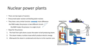 Nuclear power plants
• There are two types of reactors:
• Pressurised water resistor and boiling water resistor.
• They have a very similar function main difference
the PWR makes the process in two different circuits
the BWR makes the process in a sngle circuit
• Steps for the process:
1. The heat from split atoms causes the water to boil producing steam.
2. This steam makes a turbine move which produce electric energy.
3. Afterwards the steam is condensed and returns to the reaction core.
 