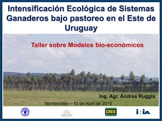 Intensificación Ecológica de Sistemas
Ganaderos bajo pastoreo en el Este de
Uruguay
Montevideo – 10 de Abril de 2015
Taller sobre Modelos bio-económicos
Ing. Agr. Andrea Ruggia
 