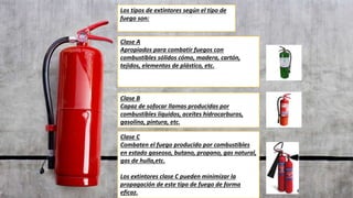 Los tipos de extintores según el tipo de
fuego son:
Clase A
Apropiados para combatir fuegos con
combustibles sólidos cómo, madera, cartón,
tejidos, elementos de plástico, etc.
Clase B
Capaz de sofocar llamas producidas por
combustibles líquidos, aceites hidrocarburos,
gasolina, pintura, etc.
Clase C
Combaten el fuego producido por combustibles
en estado gaseoso, butano, propano, gas natural,
gas de hulla,etc.
Los extintores clase C pueden minimizar la
propagación de este tipo de fuego de forma
eficaz.
 