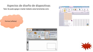Aspectos de diseño de diapositivas
Texto: Se puede agregar e insertar mediante varias herramientas como:
Formas (viñetas)
 