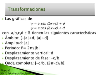 

Las gráficas de
y = a sen (bx+c) + d
y = a cos (bx+c) + d

con a,b,c,d ε ℝ tienen las siguientes características
 Ámbito: [-|a|+d, |a|+d]
 Amplitud: |a|
 Periodo: P= 2π/|b|
 Desplazamiento vertical: d
 Desplazamiento de fase: -c/b
 Onda completa: [-c/b, (2π-c)/b]
Thara R.
MA1210 nivelación 2014

 