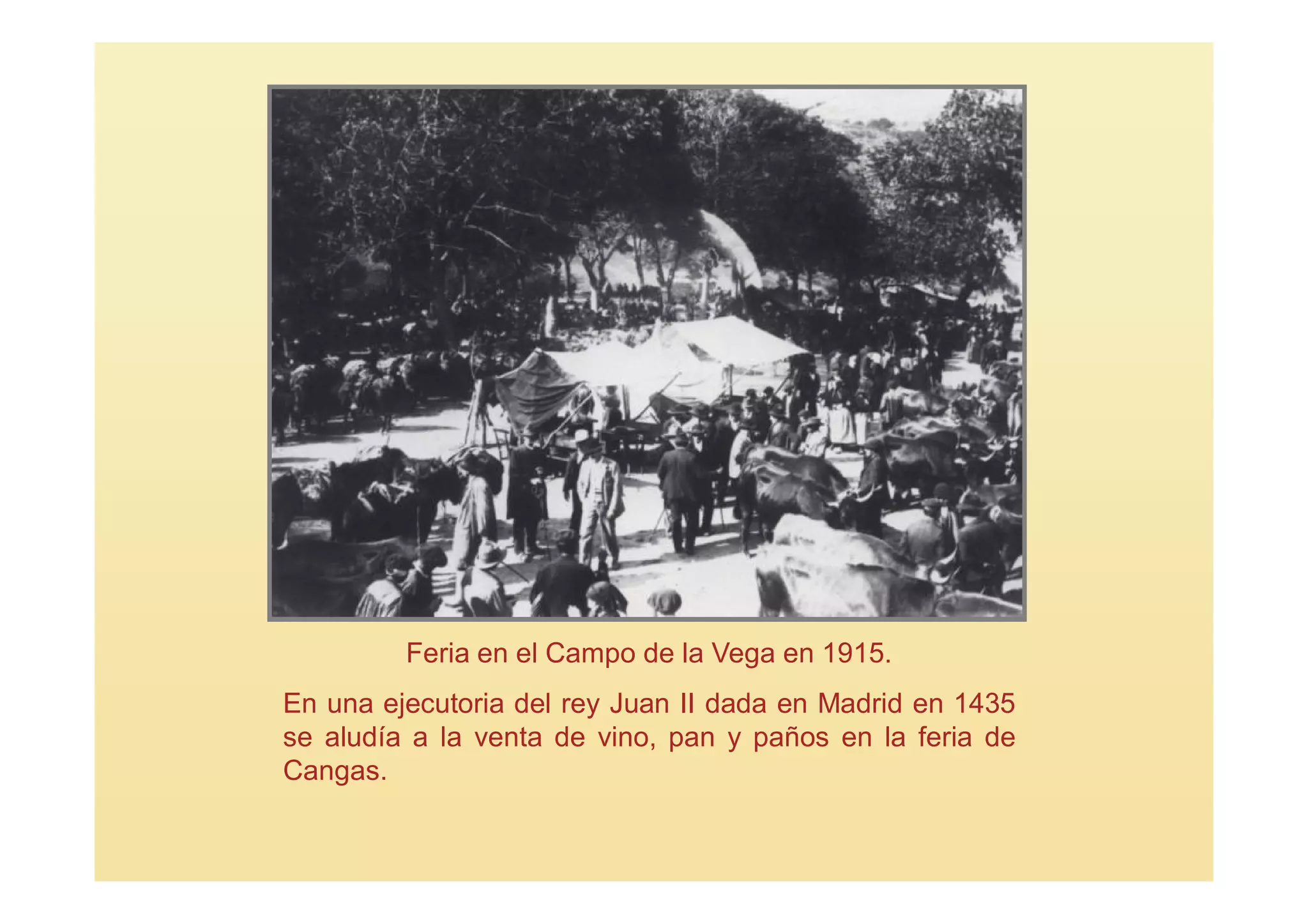 Feria en el Campo de la Vega en 1915.
En una ejecutoria del rey Juan II dada en Madrid en 1435
se aludía a la venta de vino, pan y paños en la feria de
Cangas.
 