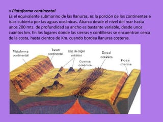o Plataforma continental
Es el equivalente submarino de las llanuras, es la porción de los continentes e
islas cubierta por las aguas oceánicas. Abarca desde el nivel del mar hasta
unos 200 mts. de profundidad su ancho es bastante variable, desde unos
cuantos km. En los lugares donde las sierras y cordilleras se encuentran cerca
de la costa, hasta cientos de Km. cuando bordea llanuras costeras.
 