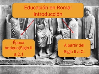 Estructura FAMILIA ROMANA Introducción Clasificación : -Familia Agnaticia -Familia Cognaticia -Familia Gentilicia Familia por afinidad FAMILIA ROMANA Introducción Educación en Roma: Introducción Época Antigua(Siglo II a.C .) A partir del Siglo II a.C .
