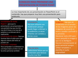 CONSEJOS PARA PREPARAR UNA
PRESENTACION DE POWER POINT
Lo mas importante de una presentación en PowerPoint es el
contenido. hay que preparar muy bien una presentación para
publicarla.
Invisibilidad de texto
Regla 6 : para que la
presentación sea proyectada en
una pantalla hay que escribir
mas de 6 líneas y no mas de 6
palabras o se distraerá de la
explicación.
Combinación de colores :hay que
iluminar bien el salón para que
algunos colores del texto se
puedan ver
Comprobar visibilidad
Para comprobar la visibilidad tira
una hoja al piso y la lee si es así
las otras personas también
Movimiento:
Hay que utilizarlo con
moderación porque
puede llegar a distraer a
la audiencia y a veces
irritarlos con sonidos y
demás cosas
Tipo de letra:
Seleccionar letras que se
entiendan para lectura
mucho mas fácil
Imágenes : hay que ser
moderados en el tamaño
de las imágenes poner las
imágenes de acuerdo al
tema o pueden confundir a
la personas.
Mantener tecla shift para
hacer pequeña la imagen y
que no se desfigure.
Decorar la presentación al
gusto personal aunque
utilizar templates o
plantillas le quita
originalidad