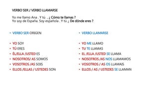 VERBO SER / VERBO LLAMARSE
Yo me llamo Ana . Y tú , ¿ Cómo te llamas ?
Yo soy de España. Soy española . Y tú ¿ De dónde eres ?
• VERBO SER ORIGEN
• YO SOY
• TÚ ERES
• ÉL/ELLA /USTED ES
• NOSOTROS/ AS SOMOS
• VOSOTROS /AS SOIS
• ELLOS /ELLAS / USTEDES SON
• VERBO LLAMARSE
• YO ME LLAMO
• TU TE LLAMAS
• EL /ELLA /USTED SE LLAMA
• NOSOTROS /AS NOS LLAMAMOS
• VOSOTROS / AS OS LLAMAIS
• ELLOS / AS / USTEDES SE LLAMAN