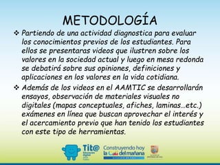METODOLOGÍA
 Partiendo de una actividad diagnostica para evaluar
los conocimientos previos de los estudiantes. Para
ellos se presentaras videos que ilustren sobre los
valores en la sociedad actual y luego en mesa redonda
se debatirá sobre sus opiniones, definiciones y
aplicaciones en los valores en la vida cotidiana.
 Además de los videos en el AAMTIC se desarrollarán
ensayos, observación de materiales visuales no
digitales (mapas conceptuales, afiches, laminas…etc.)
exámenes en línea que buscan aprovechar el interés y
el acercamiento previo que han tenido los estudiantes
con este tipo de herramientas.
 