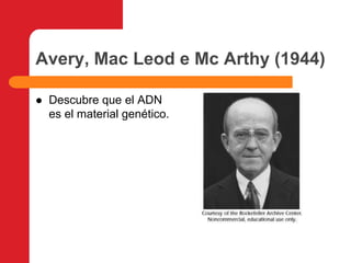 Avery, Mac Leod e Mc Arthy (1944)Descubre que el ADN es el material genético.