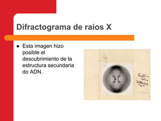 Difractograma de raios XEsta imagen hizo posible el descubrimiento de la estructura secundaria do ADN.