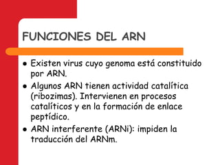 FUNCIONES DEL ARNExisten virus cuyo genoma está constituido por ARN.Algunos ARN tienen actividad catalítica (ribozimas). Intervienen en procesos catalíticos y en la formación de enlace peptídico.ARN interferente (ARNi): impiden la traducción del ARNm.