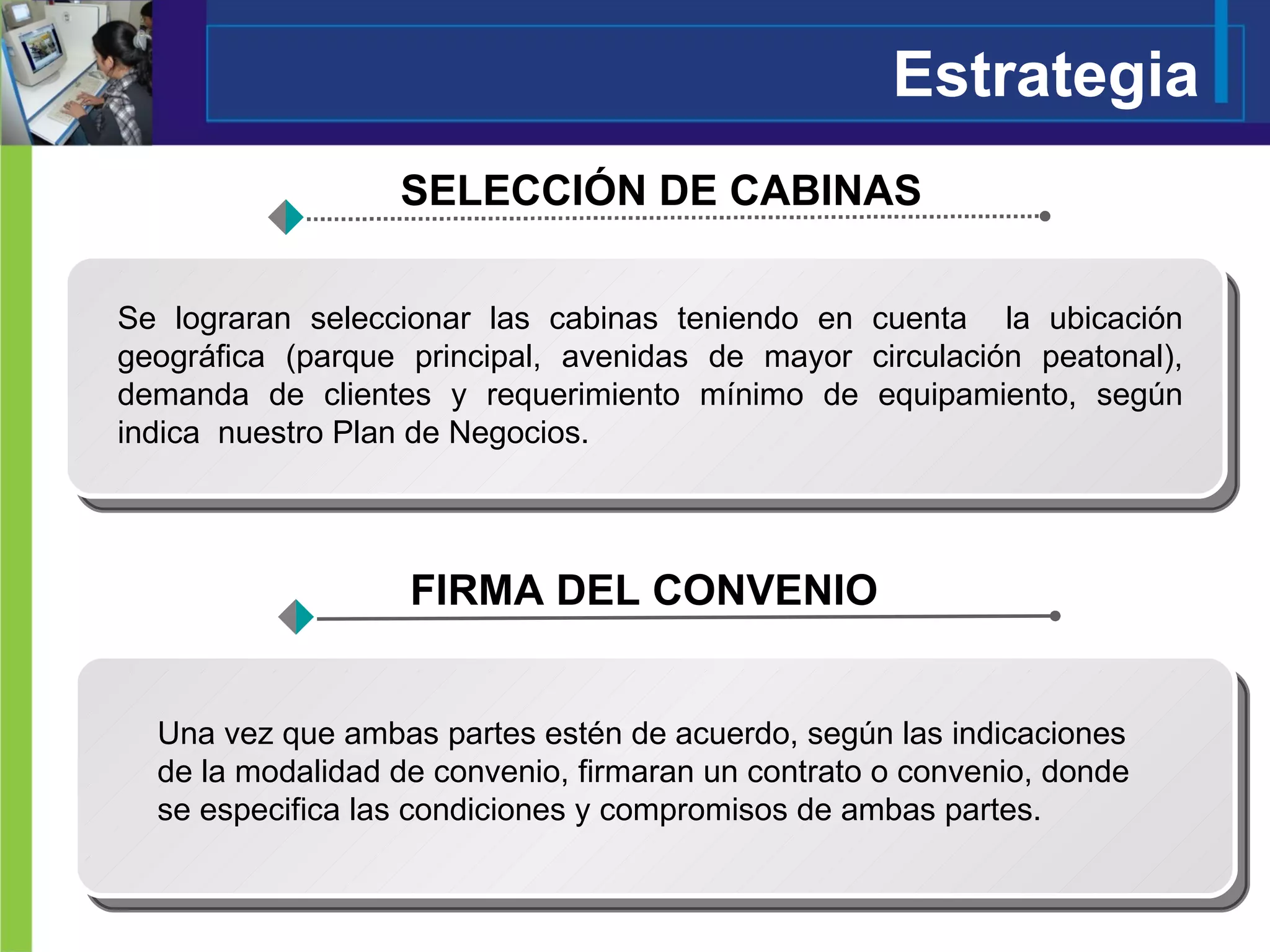 Estrategia SELECCIÓN DE CABINAS FIRMA DEL CONVENIO Se lograran seleccionar las cabinas teniendo en cuenta  la ubicación geográfica (parque principal, avenidas de mayor circulación peatonal), demanda de clientes y requerimiento mínimo de equipamiento, según indica  nuestro Plan de Negocios. Una vez que ambas partes estén de acuerdo, según las indicaciones de la modalidad de convenio, firmaran un contrato o convenio, donde se especifica las condiciones y compromisos de ambas partes. 